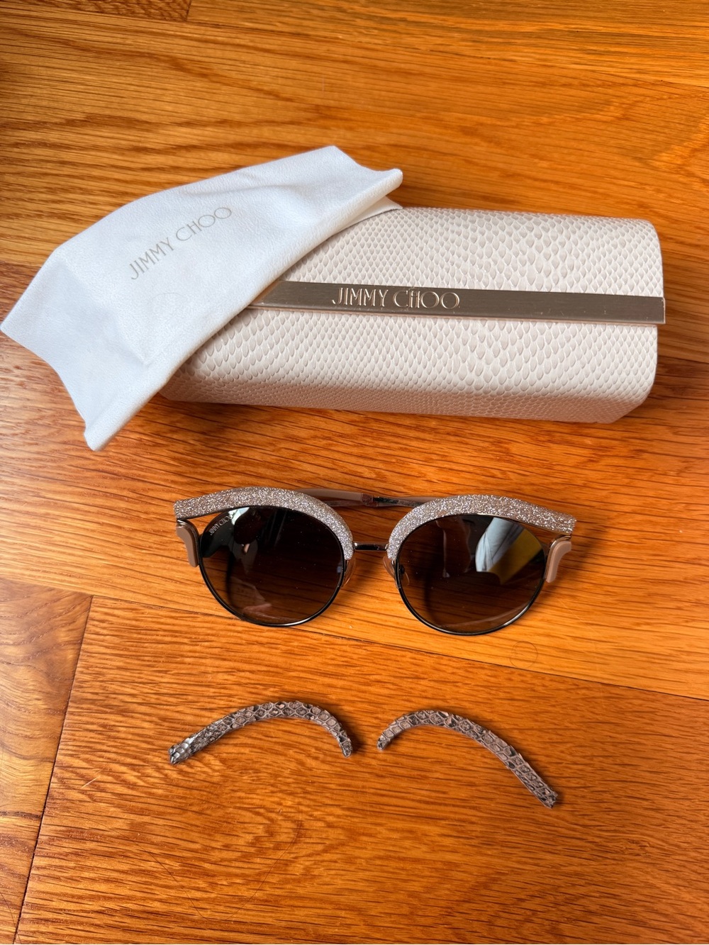 Jimmy Choo Silver Glitter Cat-Eye Sunglasses with Dark Lenses. 2 styles in one